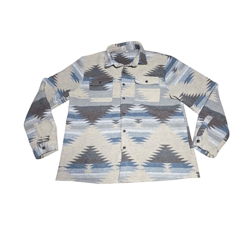 Southwestern‎ Tribal Pattern Button Down Shirt Blue Grey Geometric Mens Large